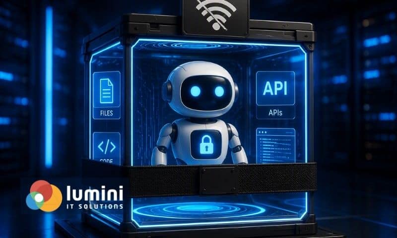 Representação gráfica de uma camada de IA privada conectada a dados corporativos e sistemas de automação.