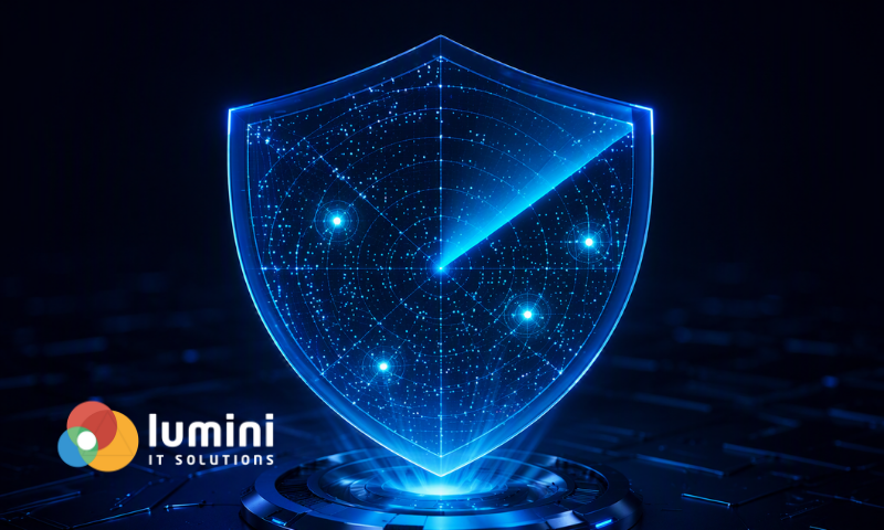 Radar de segurança digital em formato de escudo representando pentest, detecção de vulnerabilidades e priorização de riscos na era da IA.