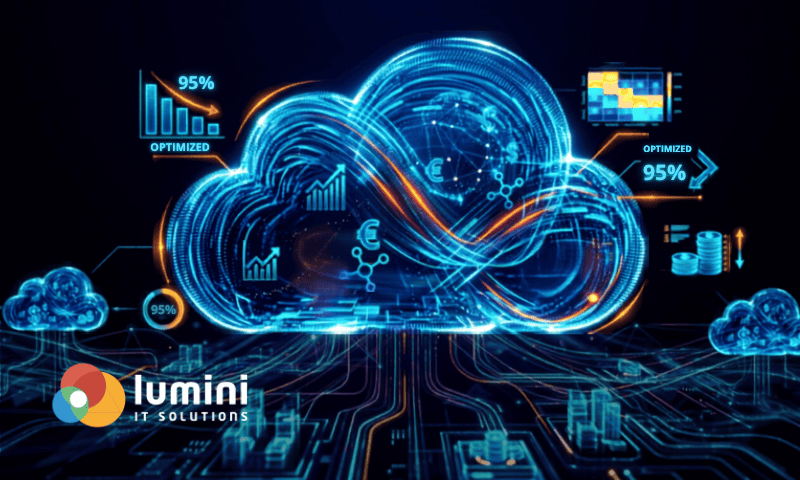 Ilustração de ambiente de cloud computing com indicadores financeiros representando práticas de FinOps para gestão e otimização de custos em nuvem.