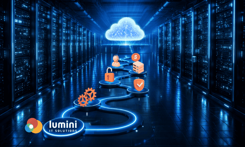 Data center moderno com nuvem digital destacada representando infraestrutura e operação em cloud