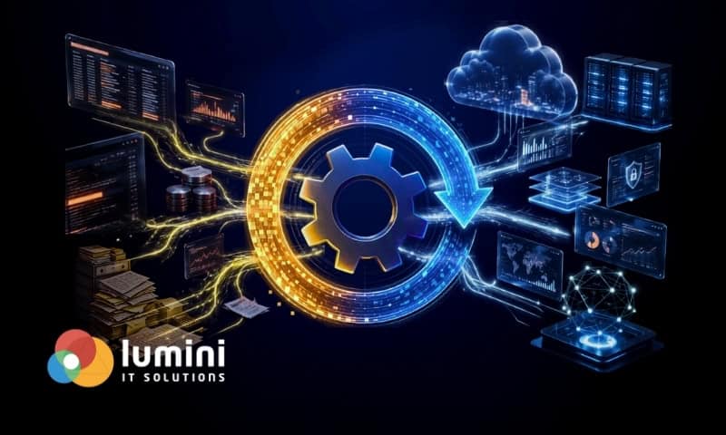 Representação visual da modernização de sistemas legados conectando processos antigos, dados e aplicações a uma arquitetura moderna com cloud, automação e inteligência artificial. Lumini IT Solutions.